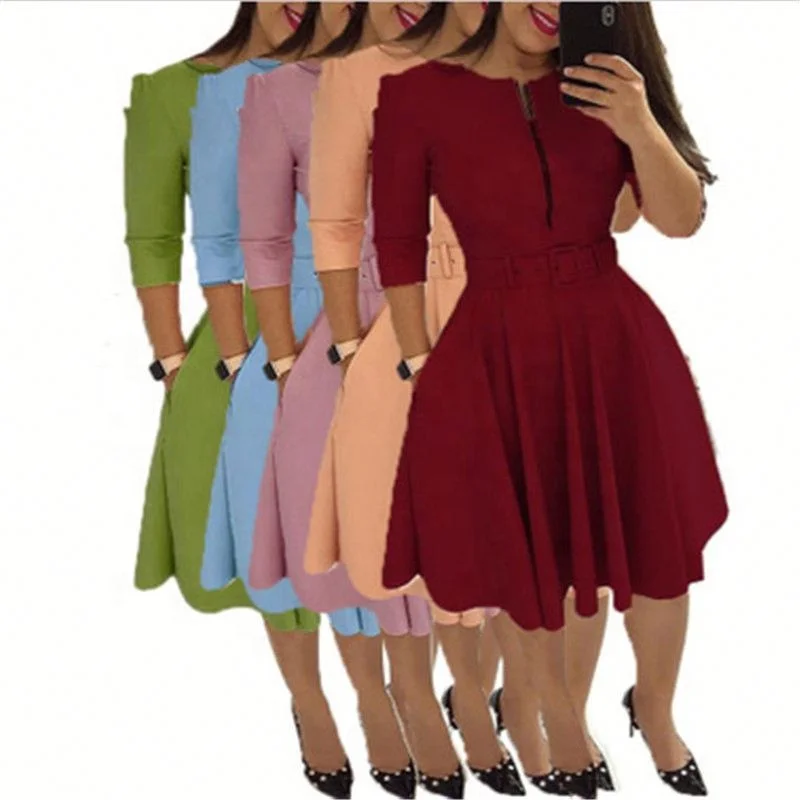 

Women's Solid Color Half-Open Collar Zipper Pleated Dress With Belt ., Picture