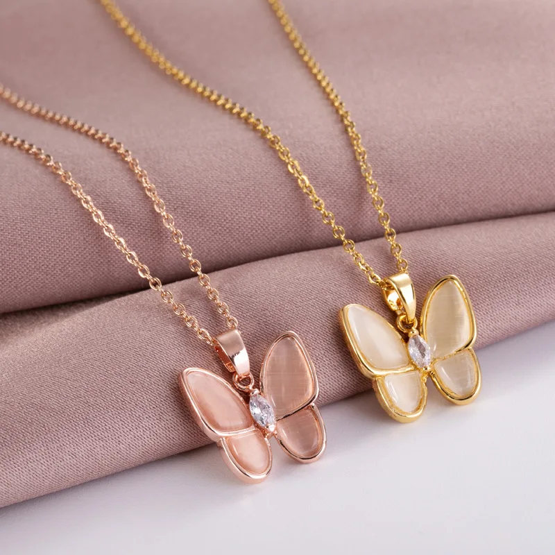 

Fashion Women Jewelry Clear Cat Eye Opal Butterfly Pendant Necklace Stainless Steel Butterfly Necklace