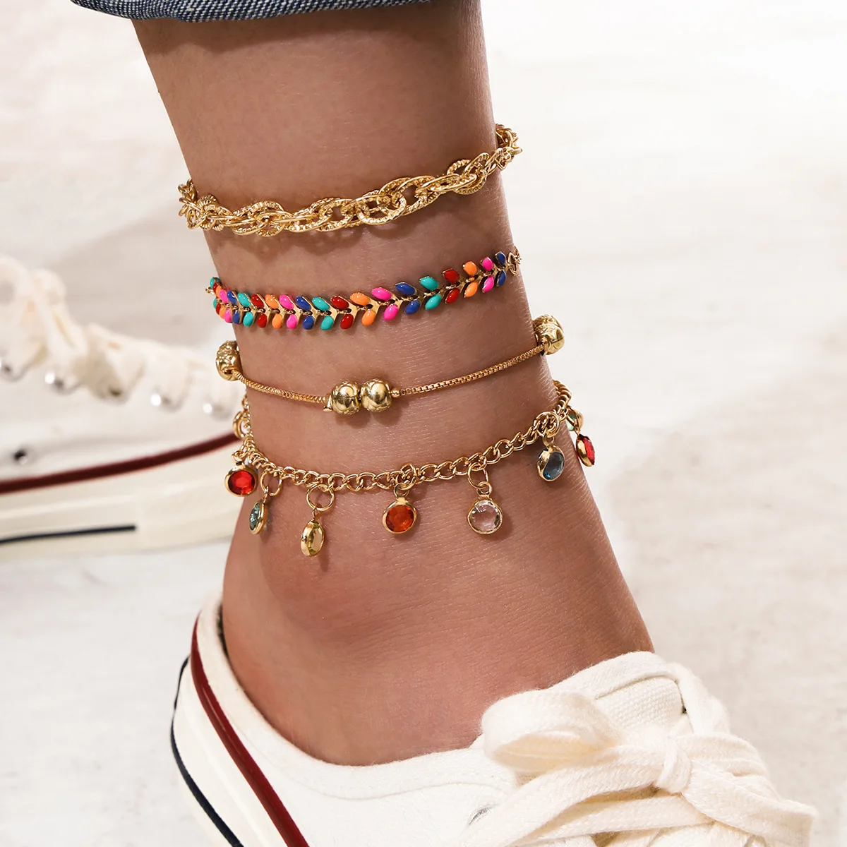 

Barlaycs 2021 Customize Women's Anklets Gold Plated Indian Jewelry Dainty Rainbow Channel Cuban Link Bunny Tassel Layered Anklet, Picture shows