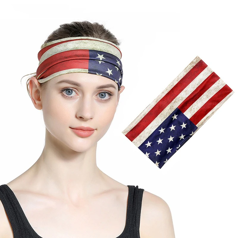 

MIO Women Red White And Blue Bandanas Stretch Milk Silk Headwrap Sport Wide Headband Patriotic USA Flag Print Headband