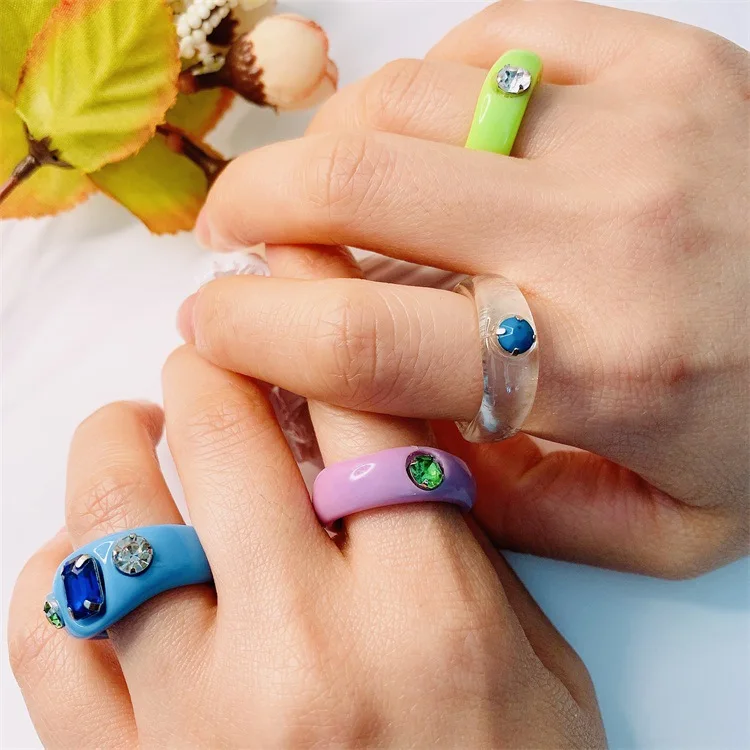 

OUYE INS Fashion Acrylic rings for women 2021 Simple colorful zircon finger ring women Jewelry Wholesale resin rings