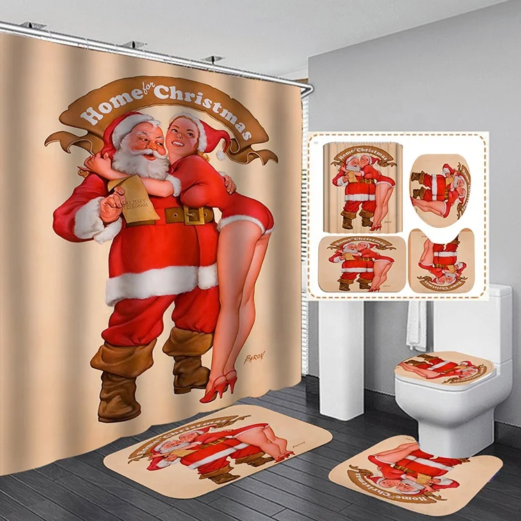 

2021 Christmas Theme Holiday Gift Claus Snowman Deer Tree Polyester Fabric Print Shower Curtain Set for Bathroom