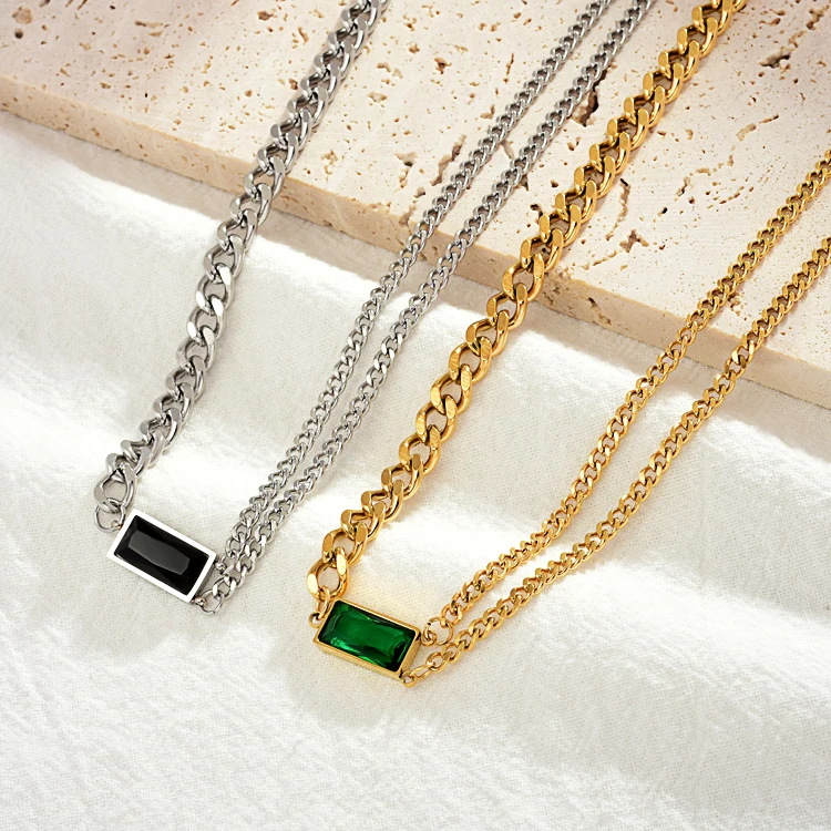 

New Trendy High Quality Double Layer Necklace Gold Stainless Steel Necklace Obsidian Pendant Necklace