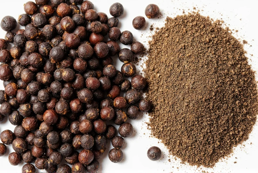 Close-up comparison of whole black peppercorns next to freshly ground black pepper showing texture differences