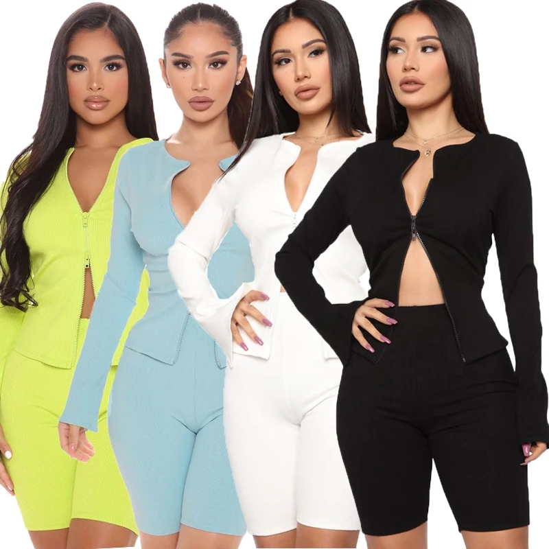 

Long Sleeve Ribbed Crop Top And Shorts Two Piece Set Women Clothing