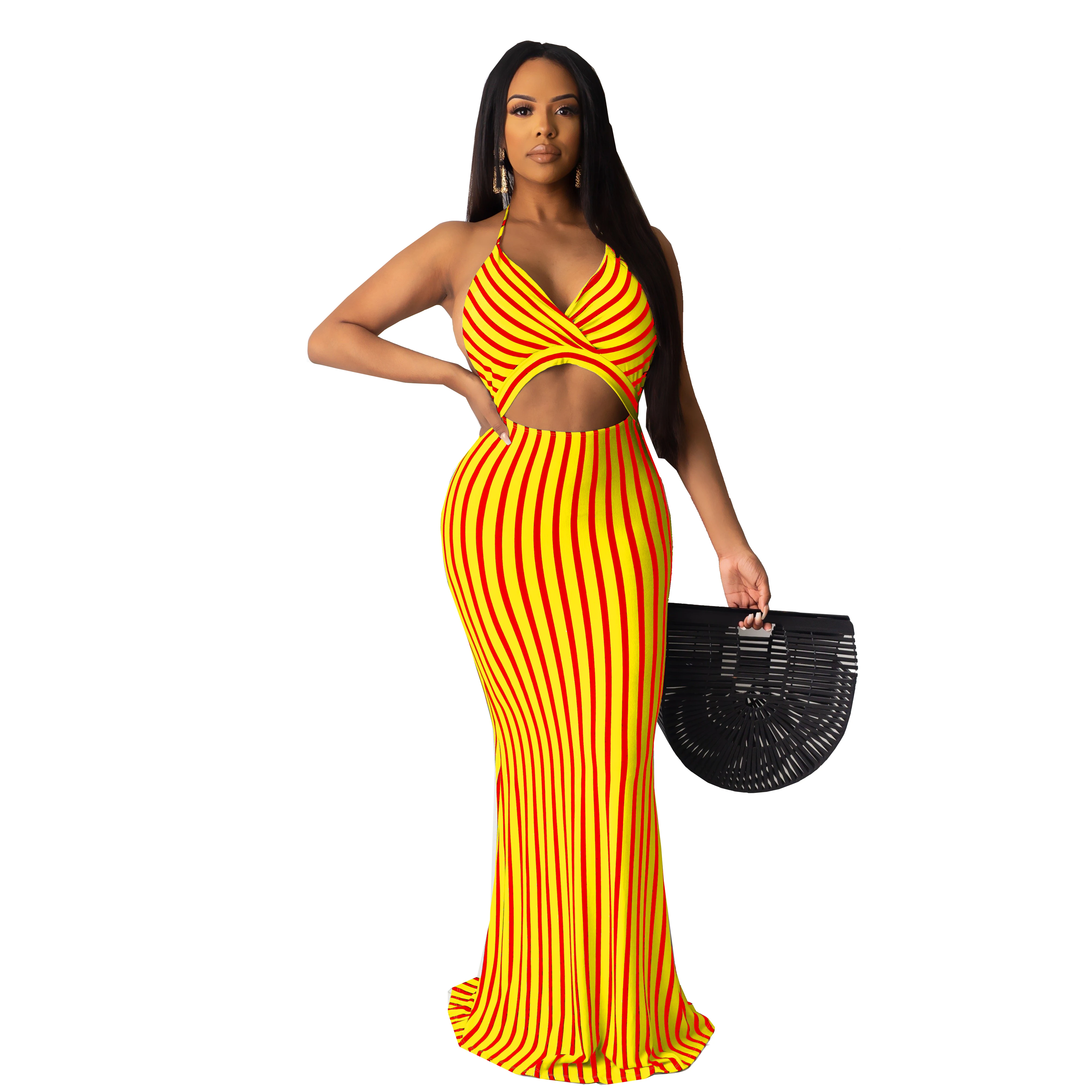 

2020 Fashion Casual Sexy Contrast Color Backless Wrapped Chest Strap Stripe Long Dress Summer 20200425084