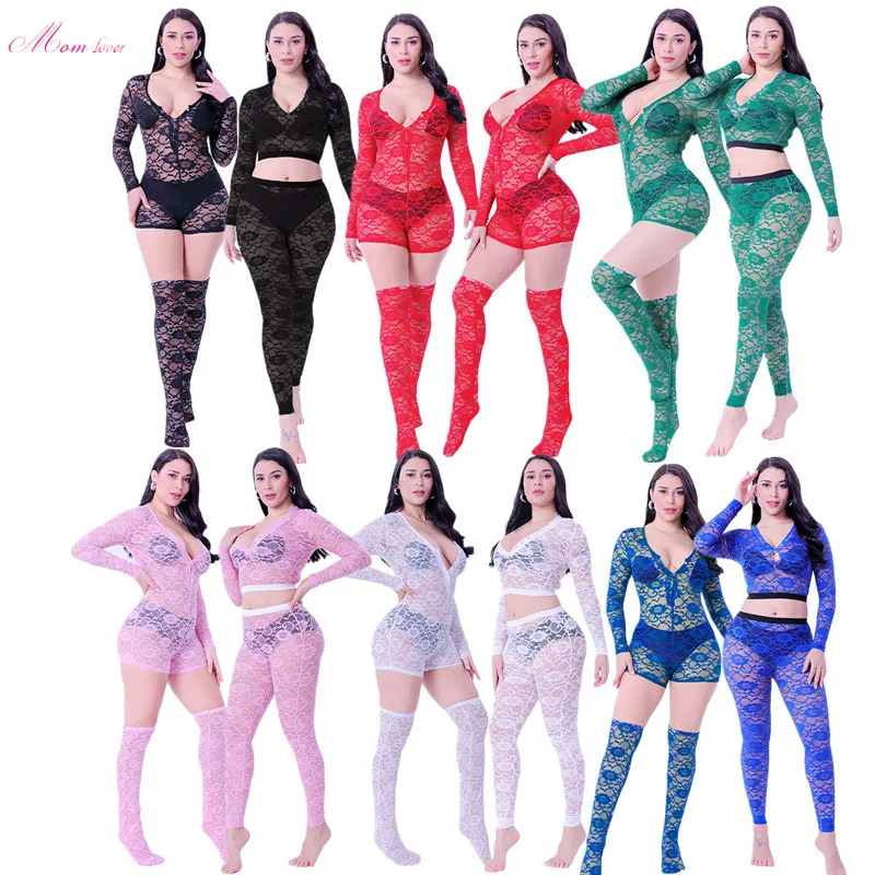 

Sexy Lingeries Onesie With Matching Socks Women Transparent Flower Lace Onesie Pajamas Sexy Lingerie Set Two Piece Pants set, Picture shows or custom