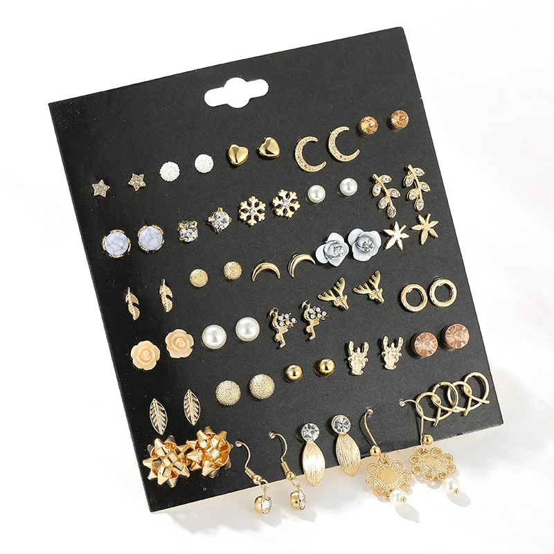 

Gold Silver Color Simple Small Geometric Stud Earrings Girl Party Wholesale Mixed Crystal Earrings Set For Women, As picture