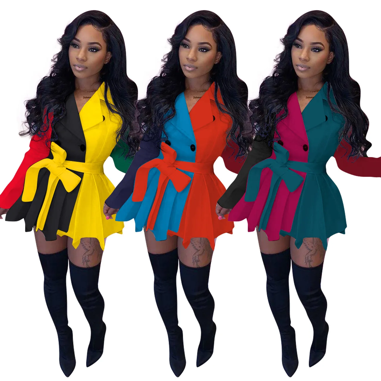 

Wefans Hot sale women's fashion casual color matching long-sleeved spring 2021 women dresses foreign trade women's clothing, Picture color