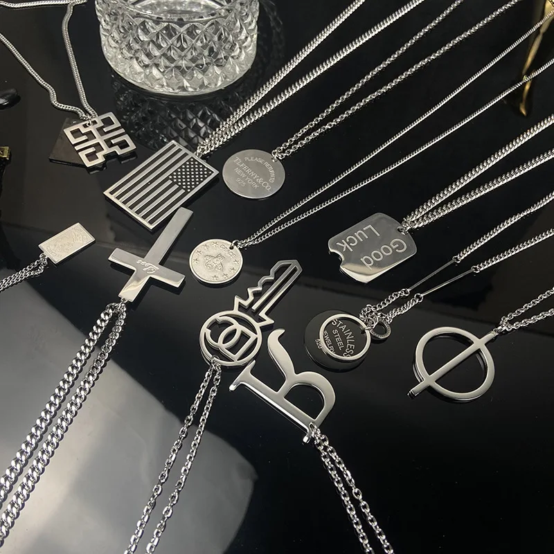 

2021 Hip Hop Fashion Long Letter Large Pendant Necklace For Men Women Silver Stainless Steel Sweater Chain Necklace Jewelry Gift
