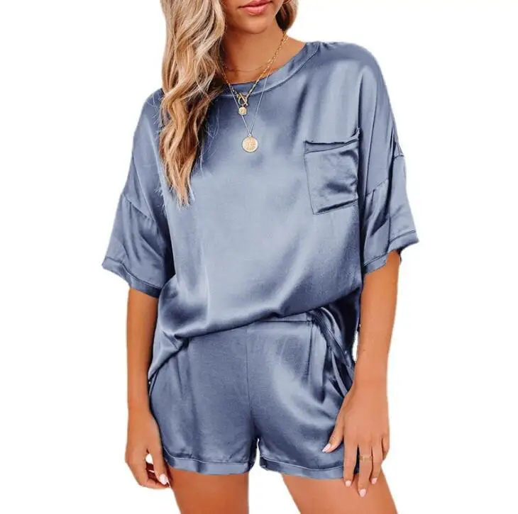 

2021 Hot Selling Silk Satin Pajamas Set Casual Homewear Short Set for Women Lounge Wear Pajamas, 12 colors or customized colors