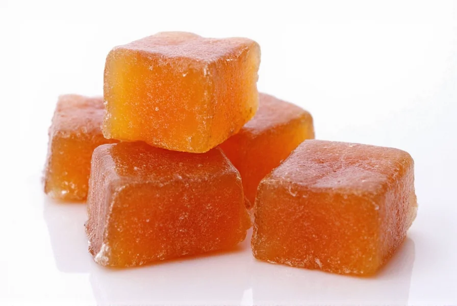 Close-up photograph of traditional red cinnamon hard candy pieces arranged on wooden surface with cinnamon sticks and sugar crystals