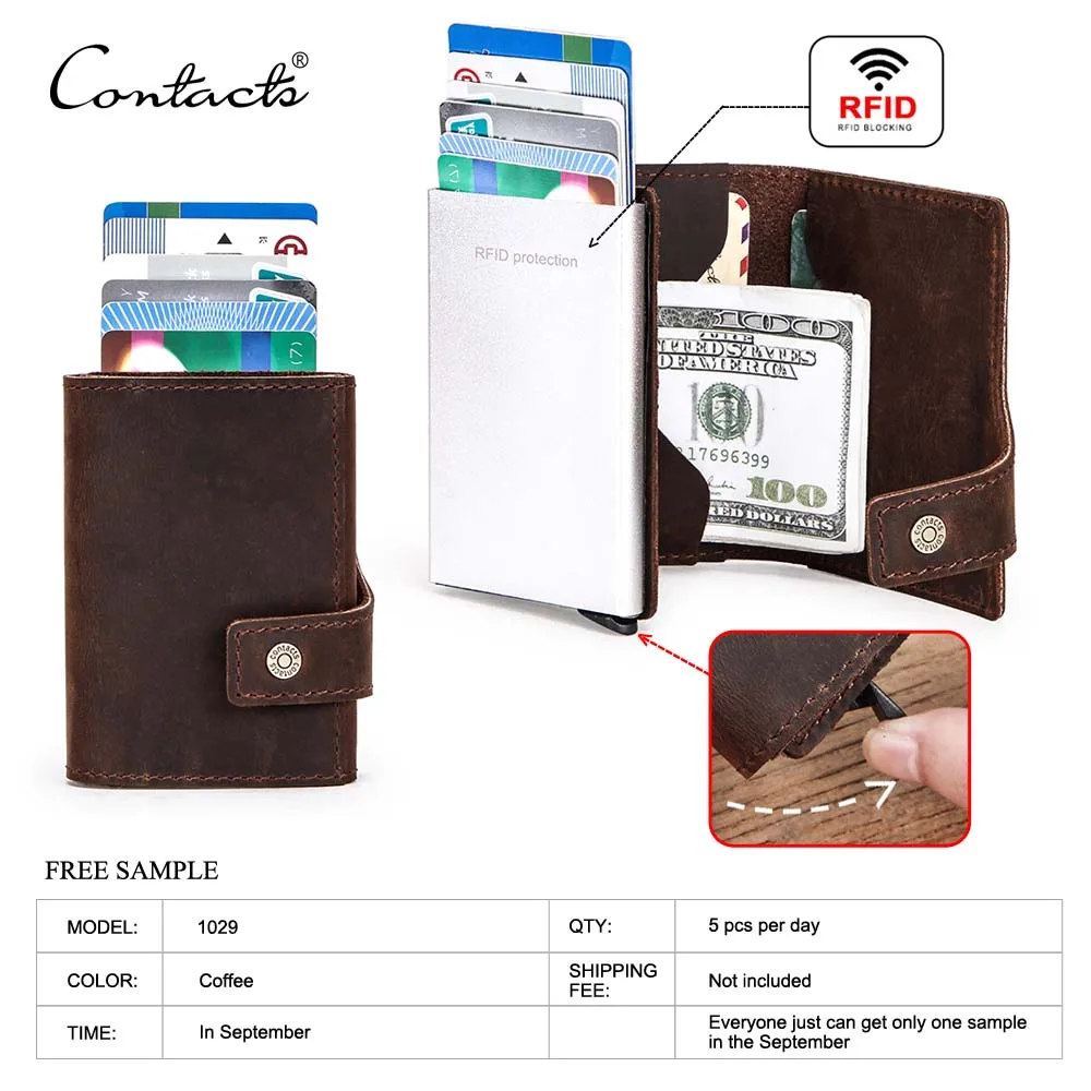 

free sample contact's crazy horse leather new product rfid aluminum automatic pop up leather id cash credit card holder, Coffee or ustomized