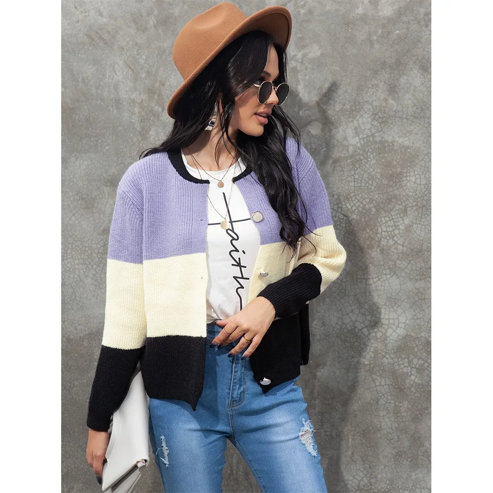 

Autumn women's single-breasted long-sleeved knitted tops collision color stitching sweater cardigan