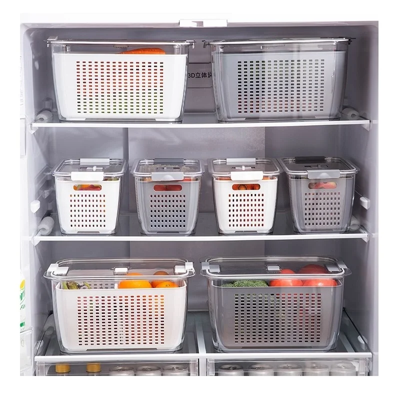 

fridge organizer fruit vegetable fresh keeping drain baskets organization storage box, White/ grey