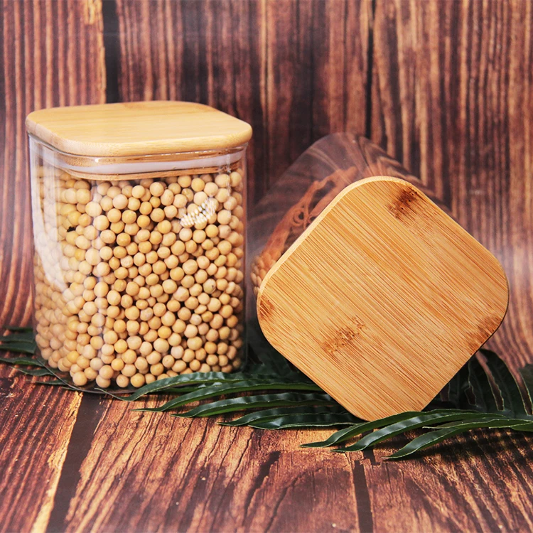 

High borosilicate glass square storage jar for food with bamboo lid