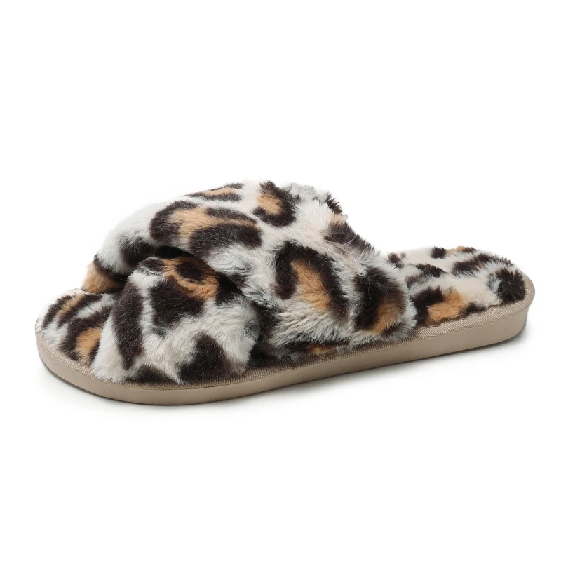 

House Leopard Slippers Warm Faux Fur Ladies Cross Soft Plush Furry Shoes