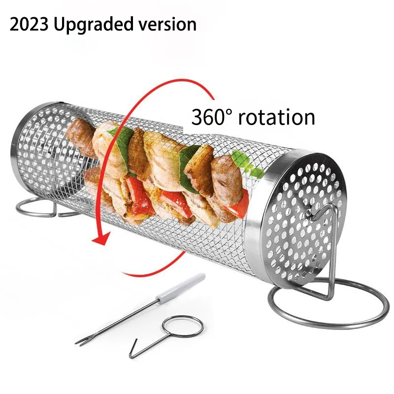 

Outdoor Camping Barbecue Rack Round Stainless Steel Barbecue Cooking Grill Grate Rolling BBQ Grilling Basket BBQ Net Tube