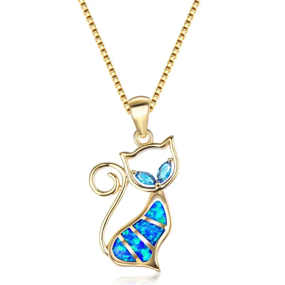 

High Quality 6 Color Available Hollow Crystal Opal Cat Pendant Necklace Silver Plated Animal Cat Clavicle Necklace For Birthday