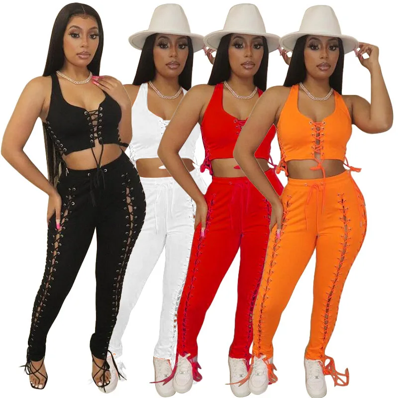 

Halter Crop Top Bandage Pants Set 2021 Trending Club Outfits For Women Two Piece Set Birthday Outfit Lace Up Two Piece Pants Set