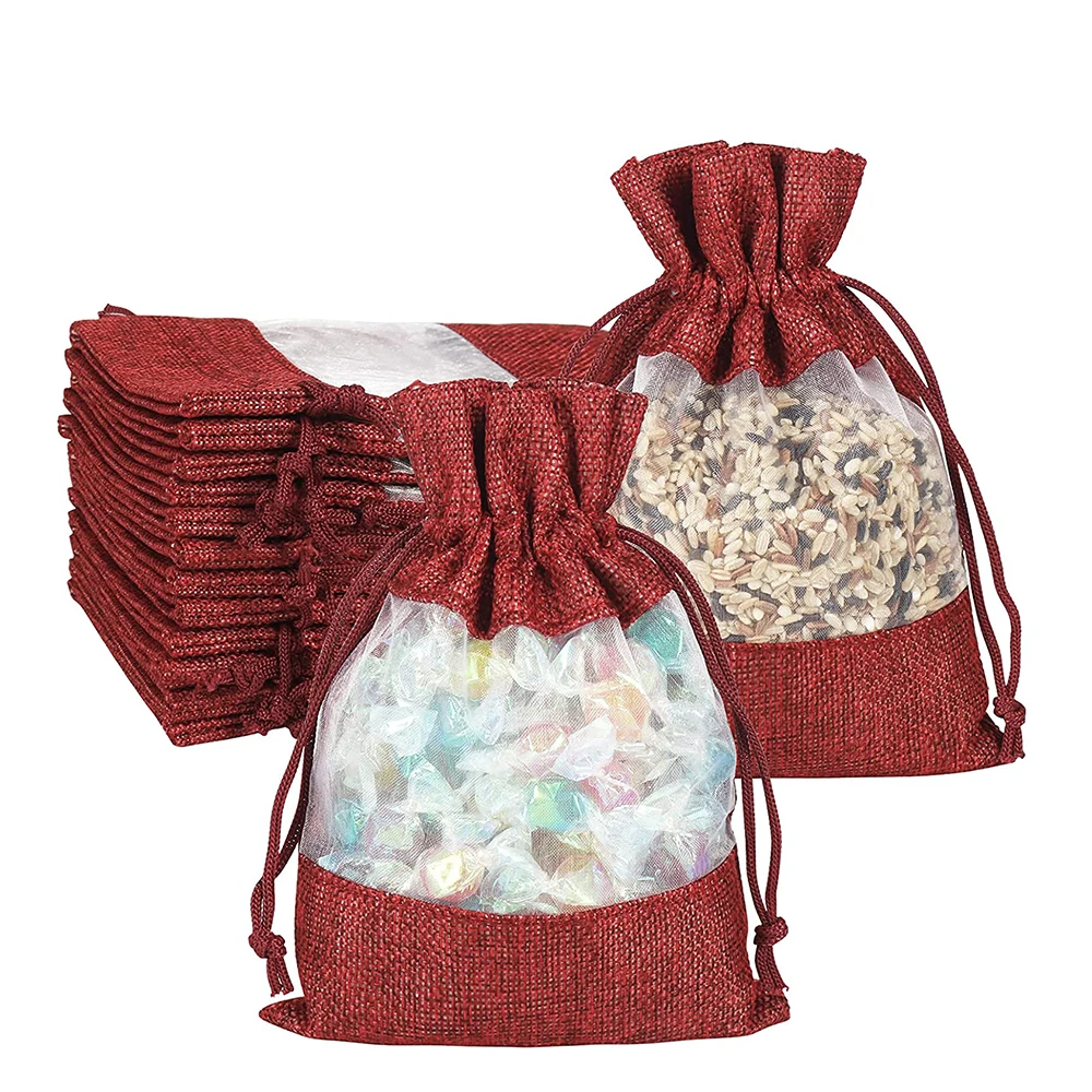 

Christmas Linen Burlap Organza Bags Small Drawstring Burlap Gift Bag for Xmas Wedding Birthday Party Favors