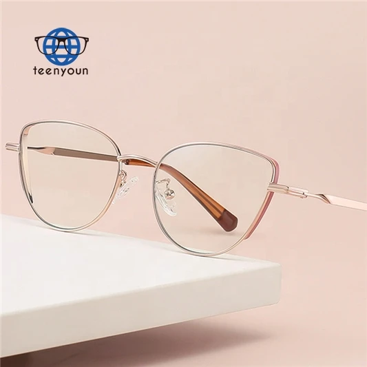 

Teenyoun Eyewear Double Colors Spectacles Blue Light Blocking Optical Eyeglasses Classical Cat Eye Metal Glasses Frames