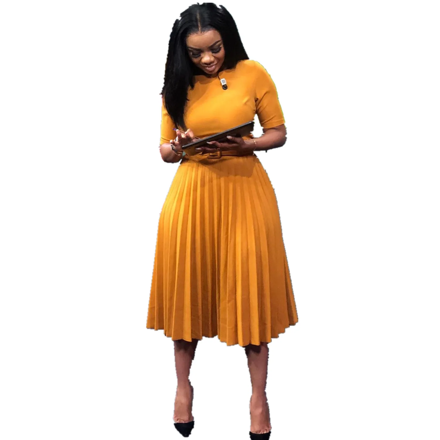 

2021 popular women casual new african fashion folded round neck short sleeve flat belt yellow solid color summer dress, Picture color, customized color