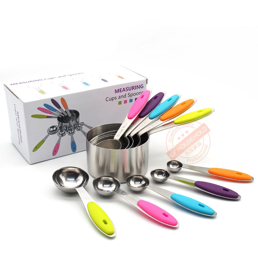 

10 Pcs Amazon Hot Sell Stainless Steel Measuring Cups and Spoons Set with Silicone Handle, Such as picture