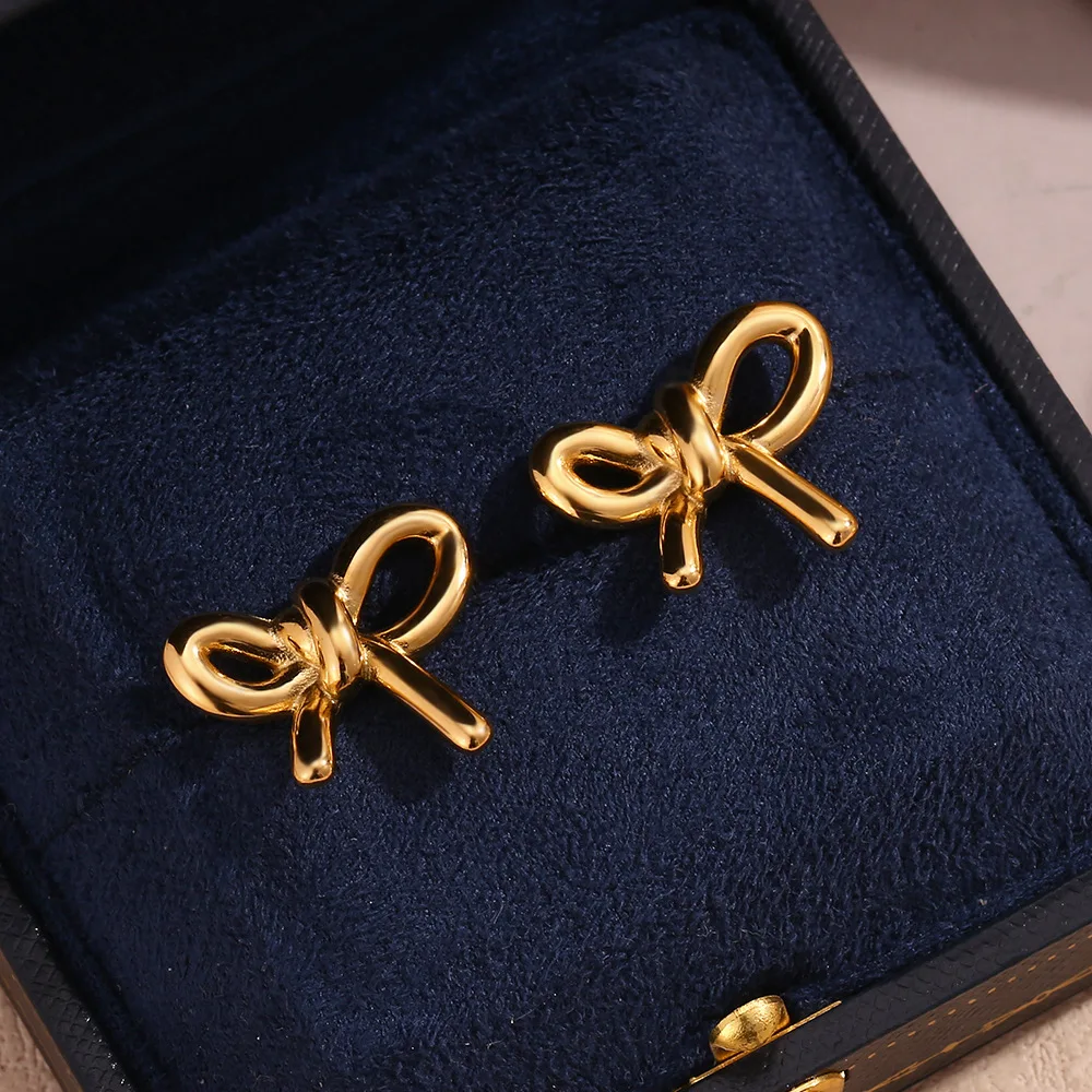 YF3702 Low Allergenic Stainless Steel Smooth Jewelry 18k Gold Plated Bow Waterproof Tar Free Women Earrings