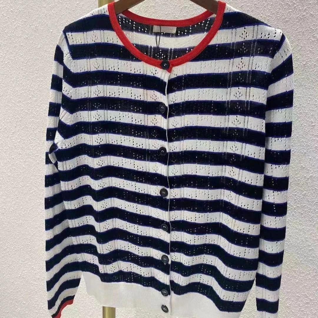 

Luxury Striped Cardigan Women 2021 New Contrast Collar Long Sleeve Casual Cardigan Single Breasted Hollow Knitted Cardigans Lady