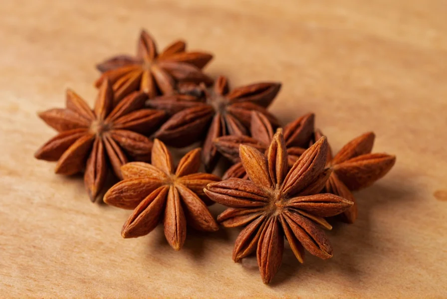 Close-up photograph of Chinese anise (star anise) showing the distinctive star-shaped pods with 8 points, reddish-brown color, and textured surface on a wooden cutting board