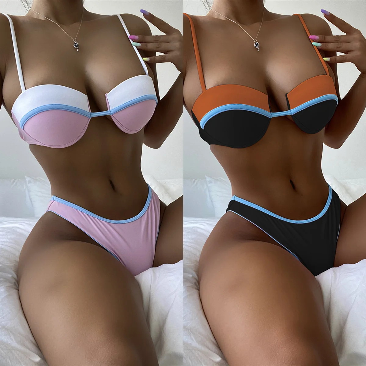 

Wholesale 80% Nylon Ladies Steel Prop Bra Briefs Swimwear 2 Piece Sets 2022 Summer Splicing Solid Beach Swimming Suit for Women, Picture showed