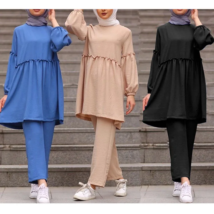 

2021 New Fashion Muslim Turkey Two-piece Suit Islamic Clothing Baju Kurung Sets Women Duabi Abaya, 3 colors in stock also accept customized color