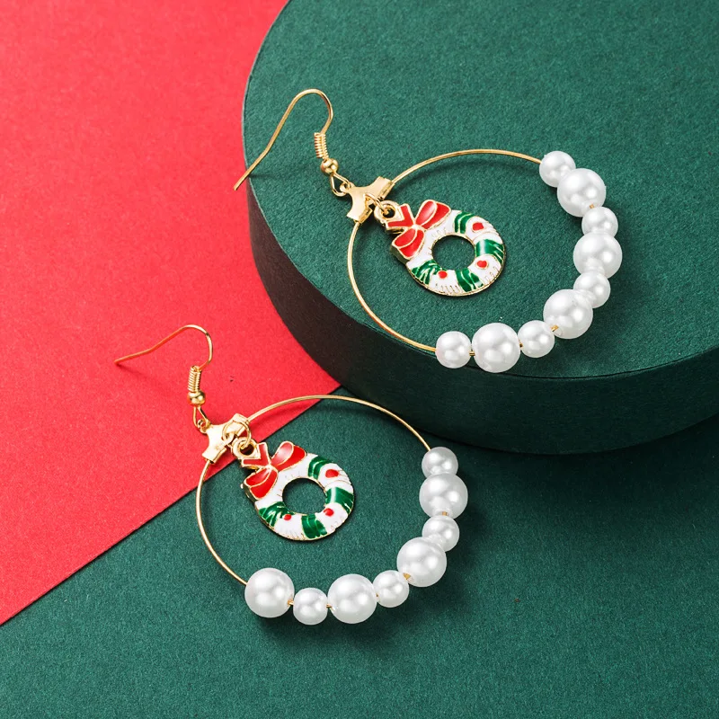 

2021 Trendy Wholesale Big Hoop Christmas Jewelry Gold Festival Gift Statement Christmas Wreath Pearl Drop Dangle Earring Women, As pic show