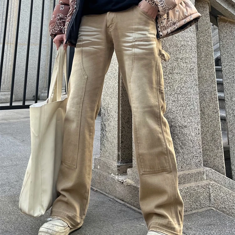 

New Vintage Khaki jeans men's slim straight tube slim worn casual pants high street brown pants