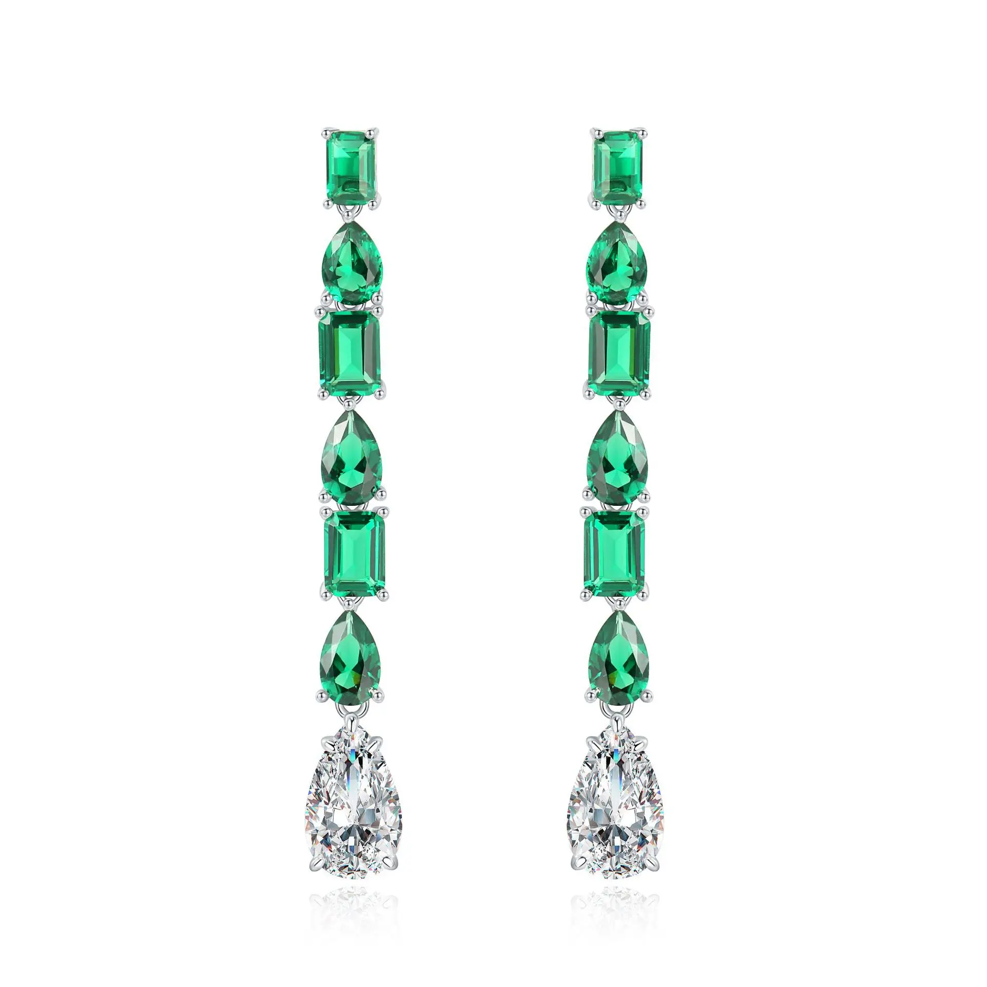 

925 Sterling Silver Created Moissanite Emerald Drop Dangle Earrings, White