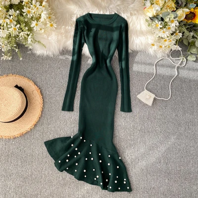 

A594 New Autumn Winter Ladies Mermaid Dress Women Long Sleeve Knitted Dress