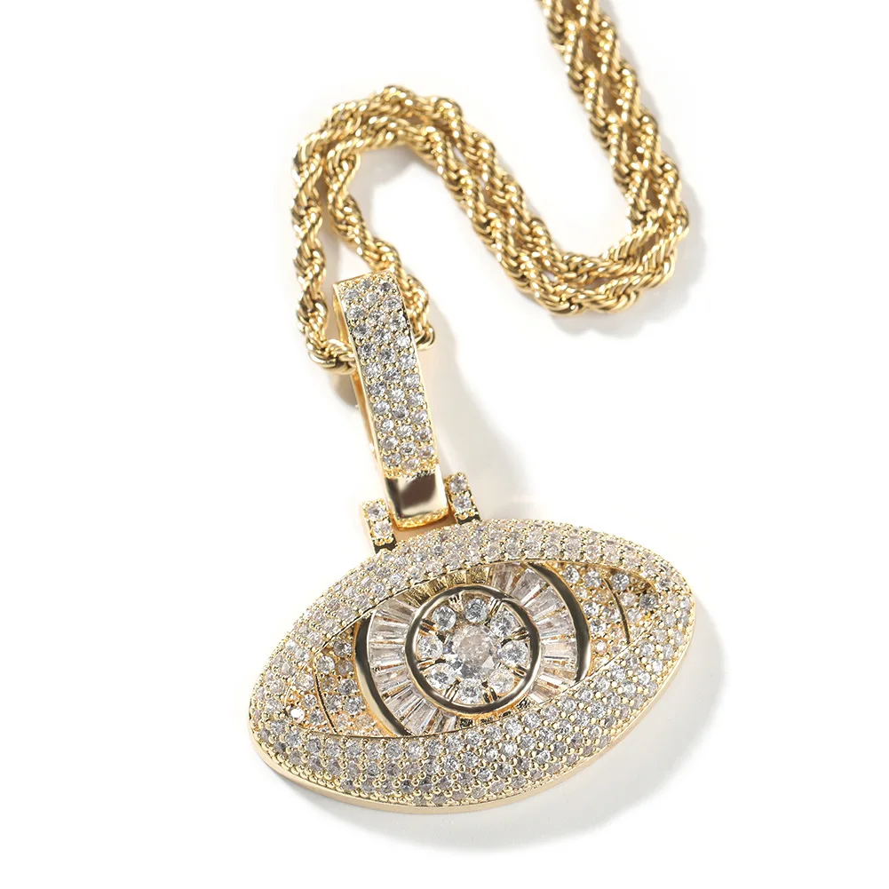Men's Hip Hop Full Diamond Eye Pendant Necklace Fashion Trend Cool Copper Inlaid Cubic Zircon Silver Gift