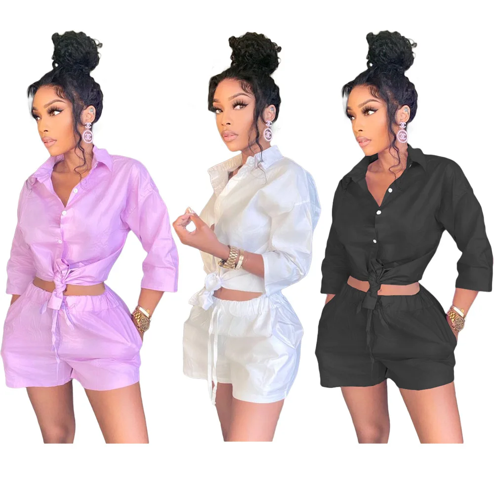 

BN178 dropshipping fall 2021 long sleeve shirt women outfit buttons women 2 piece set clothing fashion slim two piece short set