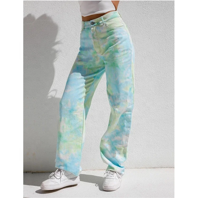 

LW 6630 INS hot sale girls' clothing pants loose ladies geans trousers high waist tie dye flare pants