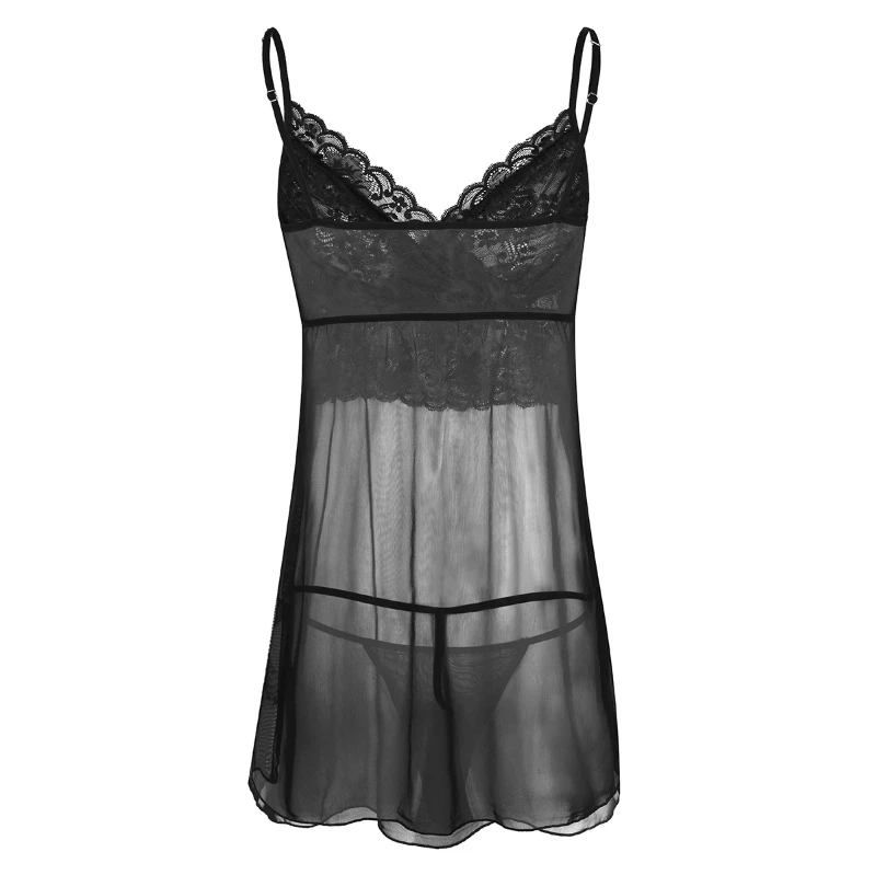 

iEFiEL Mens Sissy Lace Sheer Sleeveless Mesh Mini Dress with G-string Nightwear Sleepwear Set