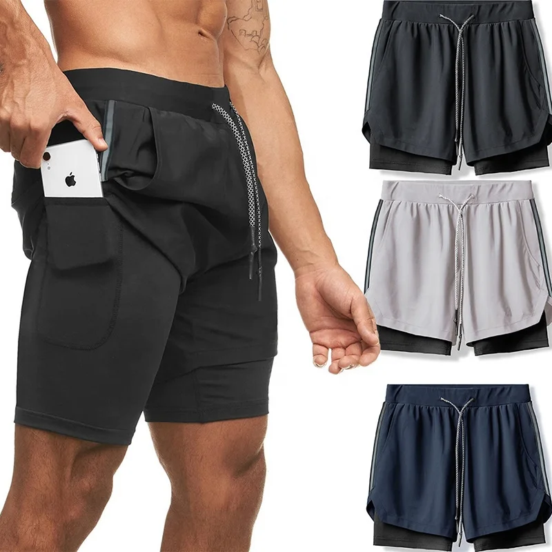

Hot sale RTS men's custom gym sports 2 in 1 fitness running training double layer 4 way stretch activewear liner shorts for men, Customized colors