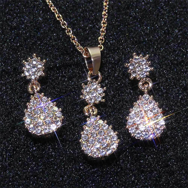 

rose gold Cute Solid Christmas gift noble fashion elegant women shiny crystal necklace earring jewelry Set