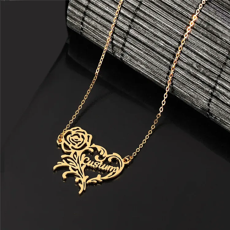 

2021 Girlfriends Lovers Holiday Gift Jewelry Personalized Custom Stainless Steel Letter Heart-Shaped Rose Heart Name Necklace, Picture shows