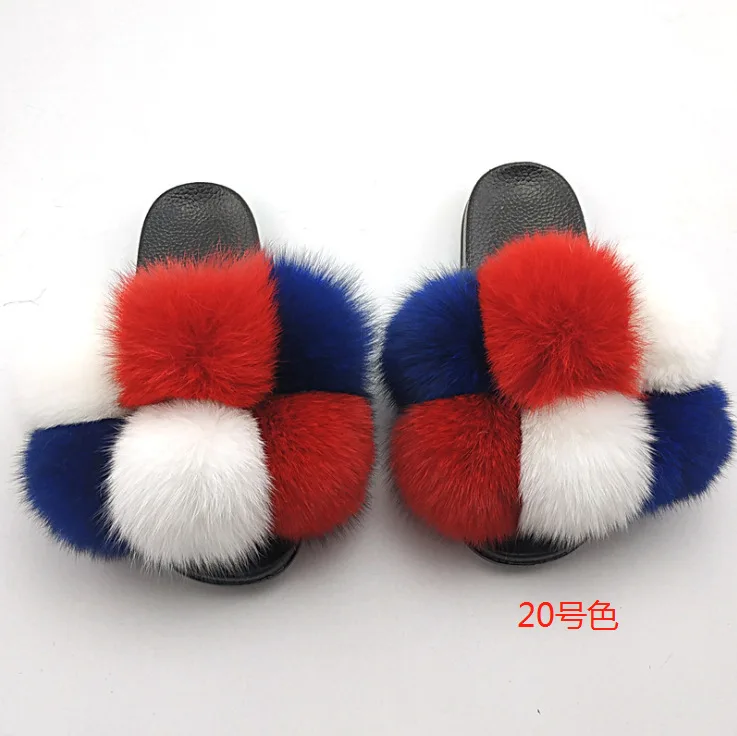

2020 new fur shoes BIG SALE Multicolor women fur slides Custom logo Fluffy fashion fox fur pom poms slippers