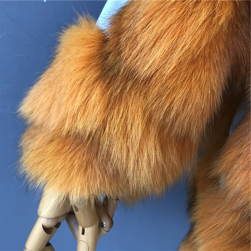 新设计女式冬季鲜艳真狐狸毛外套保暖长款腿牛仔狐狸毛外套