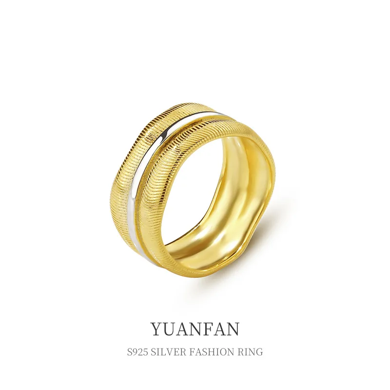 

New Trendy Custom 925 Sterling Silver 18K Gold Plated Textured Two Tone Color Twisted Chunky Rings for Women