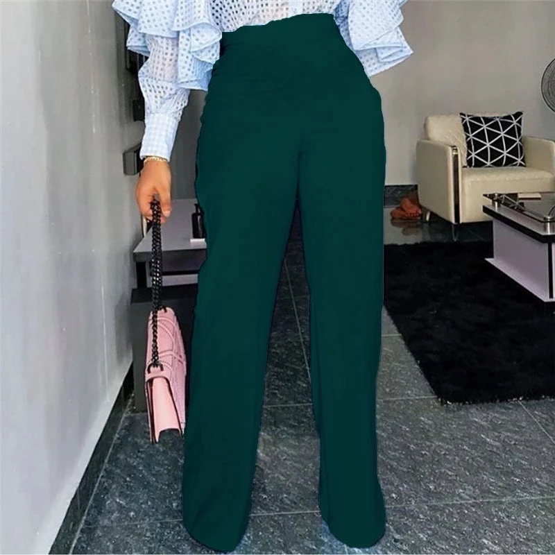

Fashion Autumn Green Oversized Zipper Women Career Office Trousers, Sky blue green