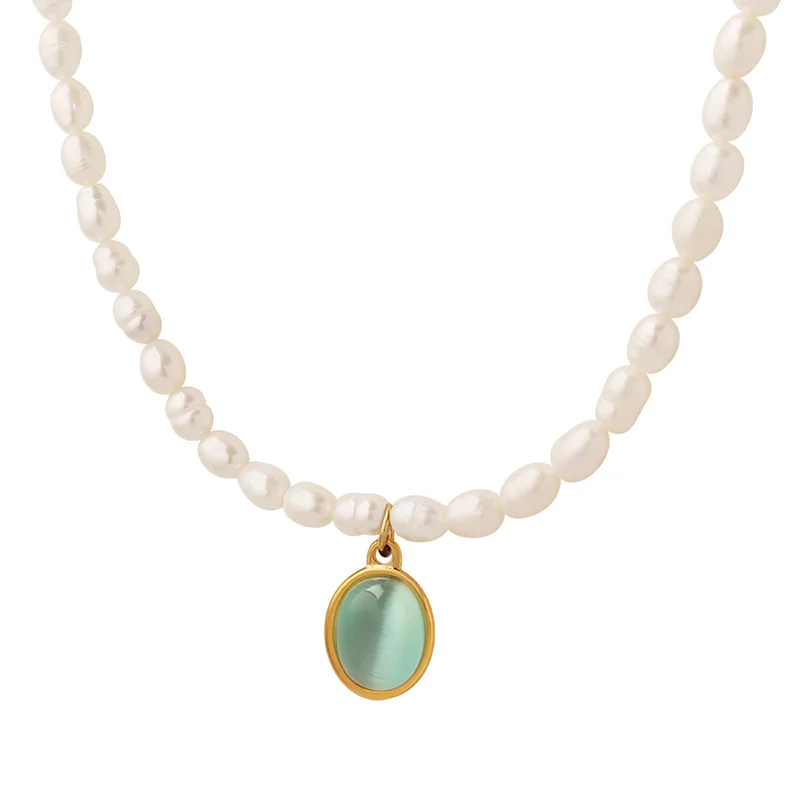 

18K Gold Plated Stainless Steel Oval Opal Pendant Necklace Female Clavicle Fresh Water Pearl Necklace