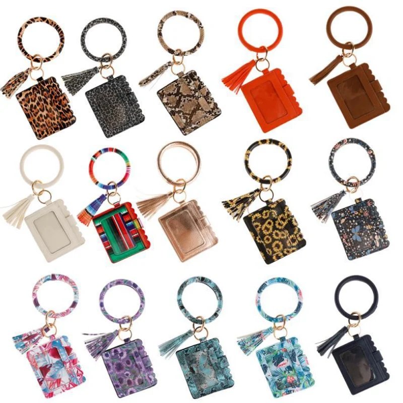 

Wristlet Keychain Purse Bangle Keychain PU leather Tassel Keyring Bracelets Card Wallet For Women, Mix colors